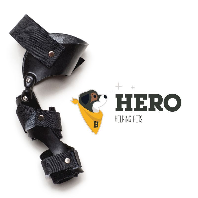 Hero Braces stifle brace next to Hero Braces Logo