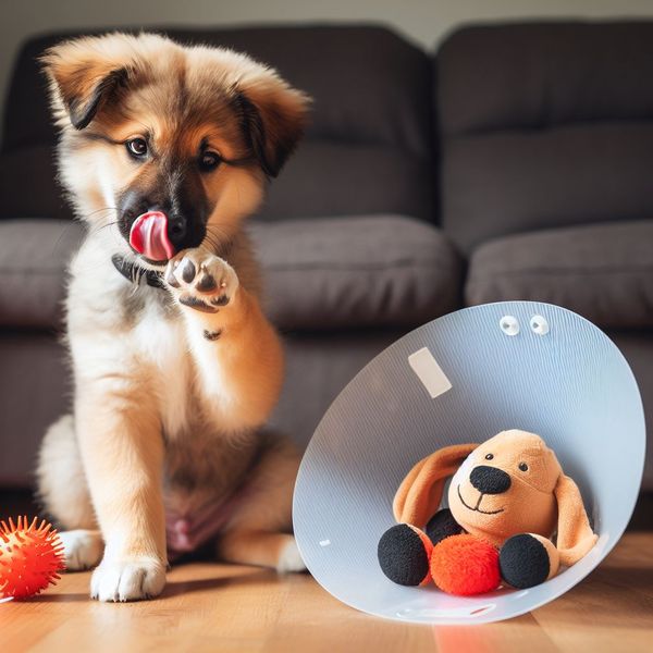A dog licking its paw sitting next to a cone of shame